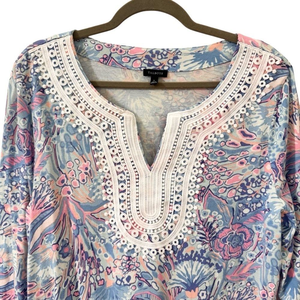 Talbots Lace Trim Tunic in "Flowing Floral" Pink Blue Size Large - Picture 3 of 9